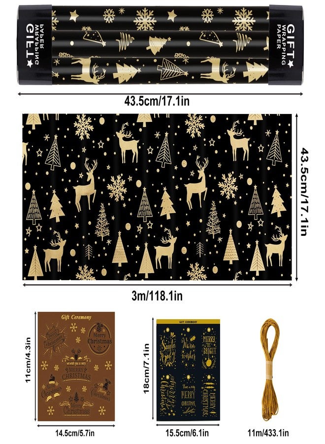 Rancco Christmas Wrapping Paper Rolls-3 Rolls Black and Gold Wrapping Paper, Christmas Tree Snowflake Reindeer Glitter Foil Xmas Wrap Paper for New Year, Party, Birthday, Wedding, Holiday, 17 x 118'' - Image 2